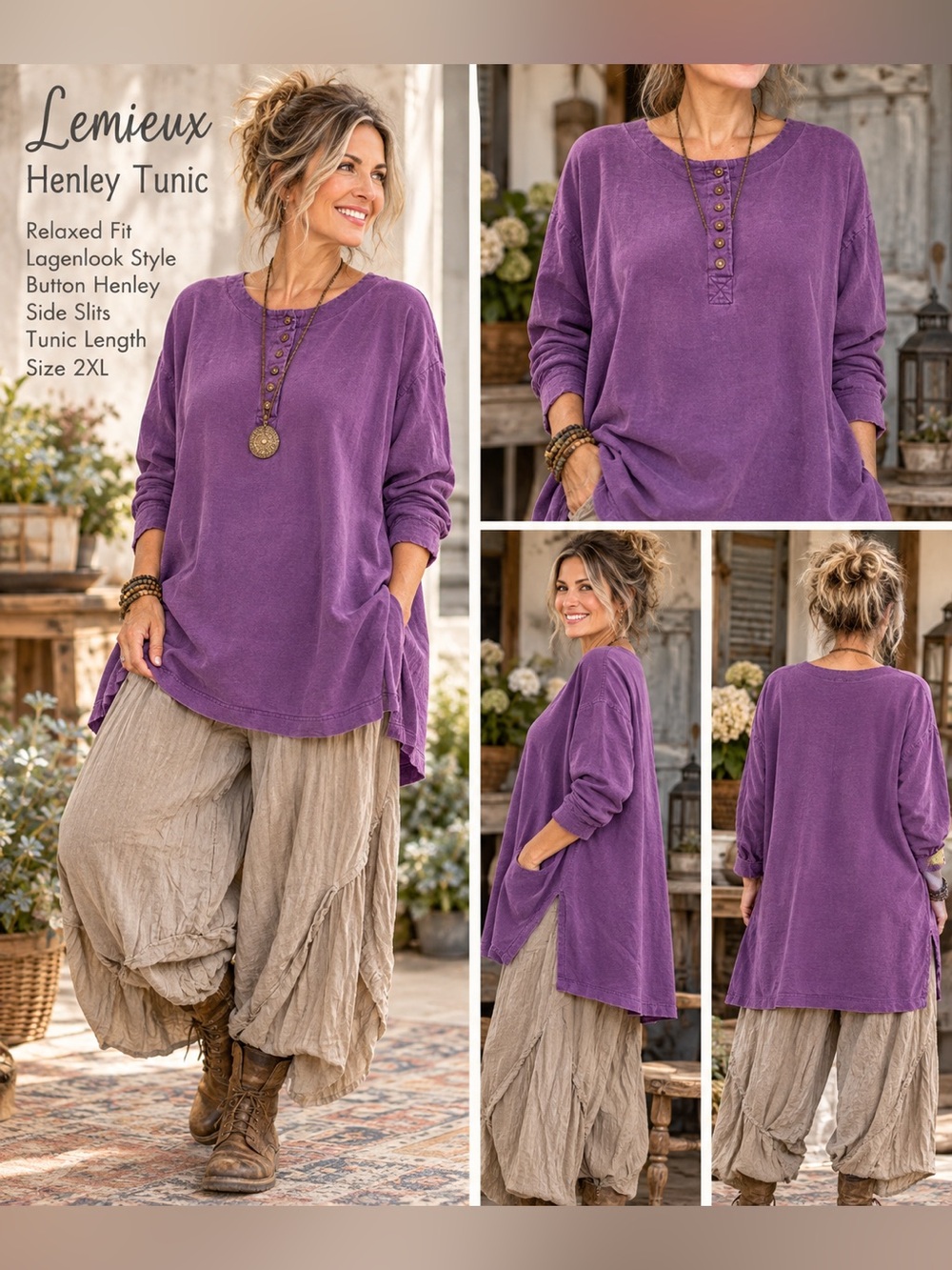 Lemieux Purple Henley Tunic Top 2XL Relaxed Lagenlook